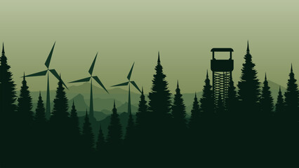vector illustration of an abstract landscape with trees and windmill good for for wallpaper design, design template, background template, and tourism design template