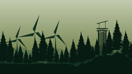 vector illustration of an abstract landscape with trees and windmill good for for wallpaper design, design template, background template, and tourism design template
