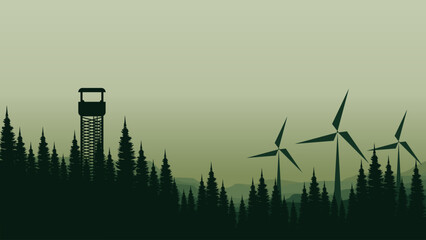 vector illustration of an abstract landscape with trees and windmill good for for wallpaper design, design template, background template, and tourism design template