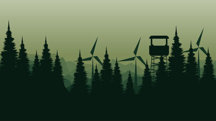 vector illustration of an abstract landscape with trees and windmill good for for wallpaper design, design template, background template, and tourism design template