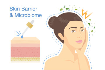 woman touches her face and barrier around her body protecting her from bacteria and sunlight and doppler dripping serum skin layer. Illustration about skin care microbiome.
