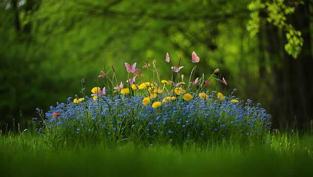 Fototapeta Spring meadow dandelions butterflies nature background