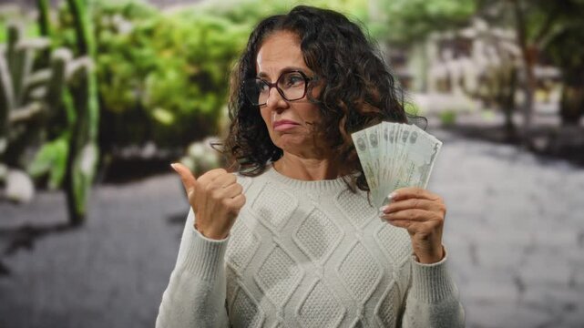 Middle-aged woman outdoors in city holds uae dirham banknotes with puzzled expression pointing sideways with thumb.