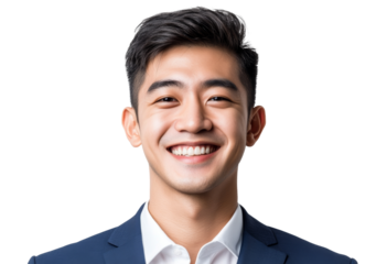 Smiling young Asian man from the chest up, wearing a white shirt and blue blazer. Transparent background