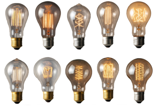 Set of ten bulbs, all different. Transparent background