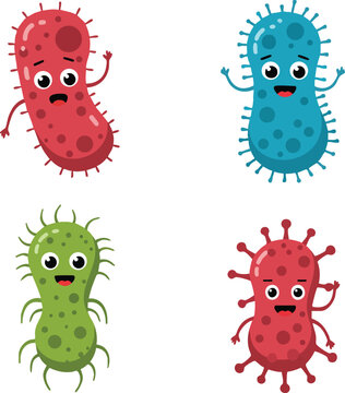 Cartoon style colorful bacteria characters with various expressions vector illustration for educational and scientific use 