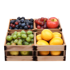 Vibrant Fruit Crate Display: Lemons, Grapes, Blueberries, Apples – Perfect for Market, Store, or Home