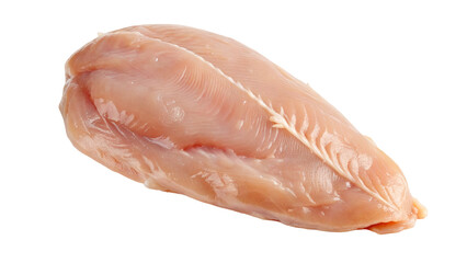 Close up shot showing a raw chicken breast fillet isolated on a plain white surface in bright light