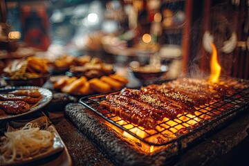 Street food grilling.  Spicy meats over hot coals.  Various dishes