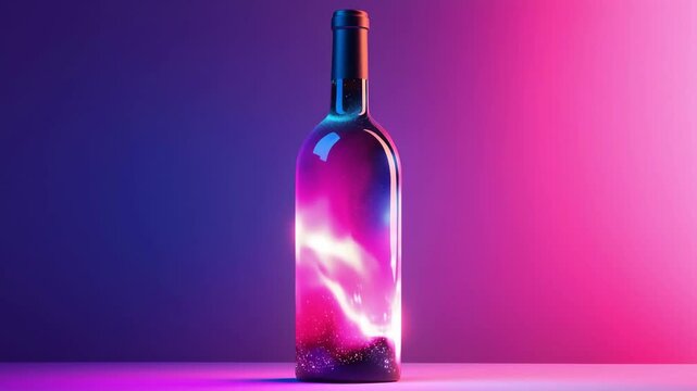 A hyper-modern wine bottle with holographic labeling, illuminated with neon accents