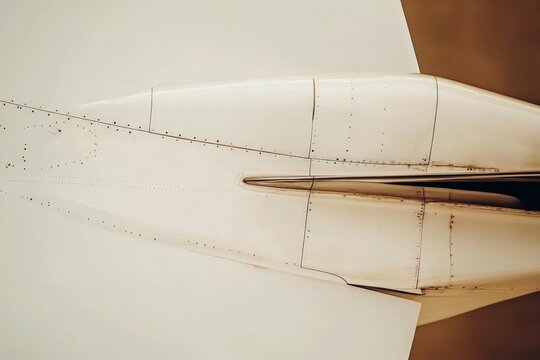The wing of a plane is shown in detail, with the fuselage