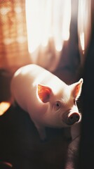 A white pig is standing in front of a window