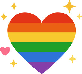 A colorful heart in the colors of the rainbow flag is surrounded by a pink heart and sparkling yellow stars on a white background - a symbol of support, love and pride.