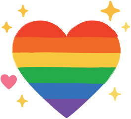 A colorful heart in the colors of the rainbow flag is surrounded by a pink heart and sparkling yellow stars on a white background - a symbol of support, love and pride.