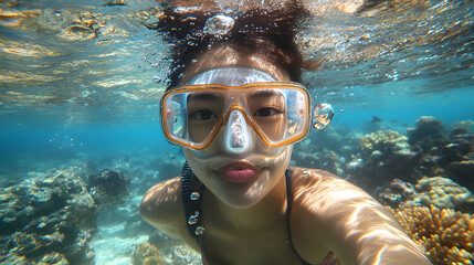 Naklejka premium Diver underwater near coral reef, bubbles rising, clear blue sea, vibrant marine life, adventure and exploration, peaceful ocean scene, sense of discovery