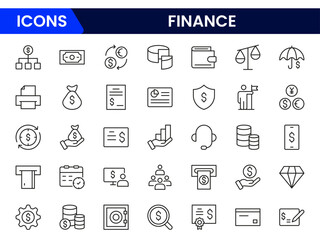 Vector illustration web line icon collection featuring finance symbols such as money, coins, calculator, piggy bank, charts, wallet, credit card, and dollar signs.
