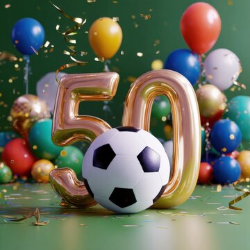 Fu&szlig;ballparty mit goldenen Luftballons und Zahl 50