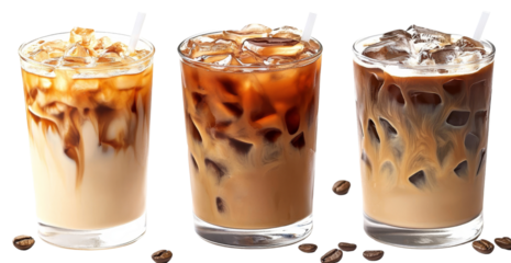Three Iced Coffee Variations Latte, Mocha, and Americano, Isolated on Transparent Background, Coffee Drinks, Summer Beverages, Iced Coffee, Beverage, Drink
