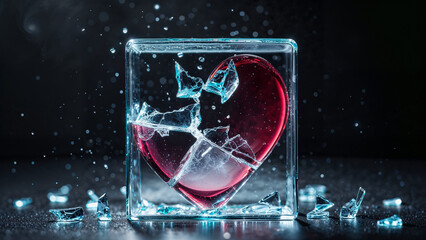 Shattered Glass Heart in a Cube – Symbolic Love and Heartbreak Concept