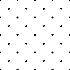 Polka dot and heart, black and white seamless pattern hand drawn vector illustration, decorative texture of round circles and little hearts, simple minimalist repeat ornament for textile, gift paper