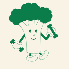 Una brócoli alegre con las mancuernas. Estilo de dibujos animados de los años 80