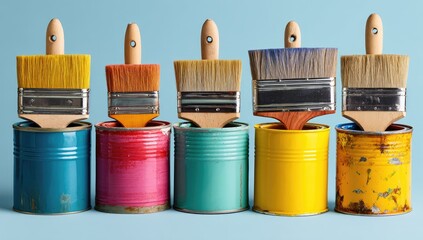 Colorful paintbrushes in paint cans