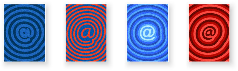 Set of four AT icons with different color ripple backgrounds. Vector illustration for tech, internet, or email themes.