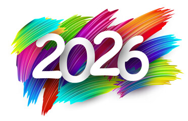 Bold white 2026 text over vivid multicolored paint strokes on a clean background.