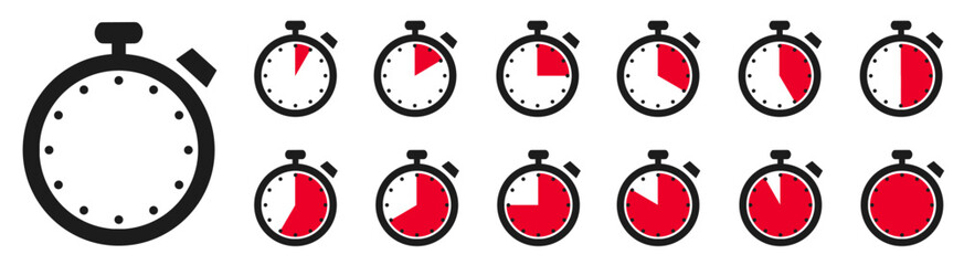 Timer clock, stopwatch set icons with different time. Countdown timer symbol icon set. Sport clock with time meaning. Label cooking symbols. Stopwatch intervals signs