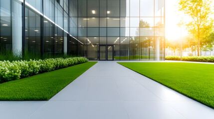 A contemporary office building stands next to well-maintained green lawns, showcasing a vibrant corporate environment on a clear, sunny day