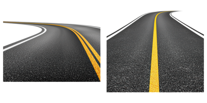 Winding Road Curves with Double Yellow Lines on Paved Surface, isolated on transparent background.