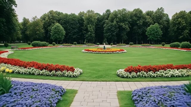 Symmetrical formal garden with vibrant flowerbeds and central lawn surrounded by hedges and trees