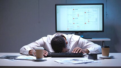 Exhausted office worker is sleeping on his keyboard at night, surrounded by coffee cups and paperwork, highlighting the pressures of a demanding job