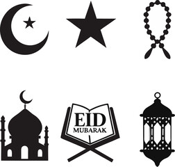 Fototapeta premium Set of black and white islamic icons symbols and graphics for eid mubarak celebration designs ramadan kareem festival elements