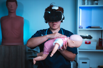 Choking Baby Rescue Simulation in VR First Aid Class Using Pediatric Manikin to Demonstrate...