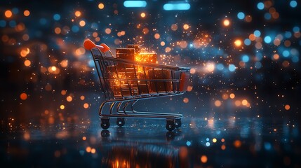 Festive Shopping Cart with Gifts and Bokeh Lights
