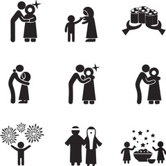 Simple icon set depicting community celebration family reunion and gift giving with fireworks festive starry decorations