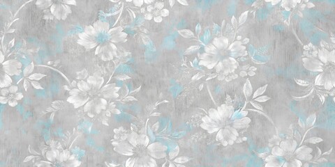 Ancient White Floral Pattern with Blue Accents on Cement Textured Background for Seamless Wallpaper, Textile Prints, and Interior Surface Design