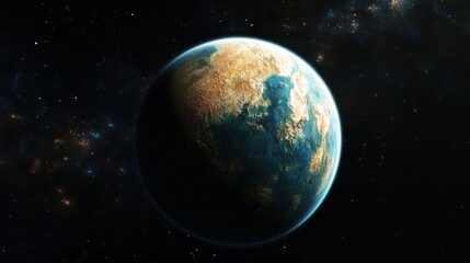 Obraz premium A distant planet orbits in a starfilled void.