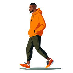 Stylish young Black man walking in an orange hoodie and green joggers – full-body vector illustration on transparent background