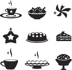 Vector illustration of assorted food and drink icons representing festive celebrations and culinary delights