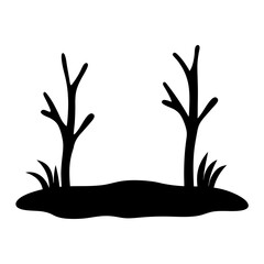Silhouette of bare trees and grass hill landscape in simple style