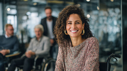 A confident woman in a wheelchair leads a meeting in a bright, modern office space. Generative AI