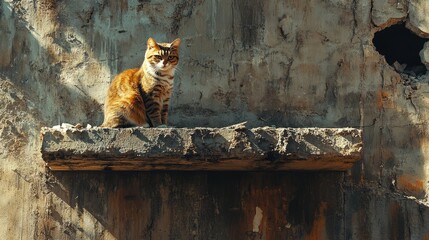 A tabby cat is perched on a concrete ledge against a weathered concrete wall, illuminated by sunlight.