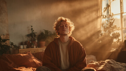 A young man sits peacefully in meditation within a minimalist bedroom featuring natural wooden furniture and warm beige tones.  Generative AI