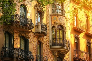 Fototapeta premium Old Street in Barcelona with Ornate Balconies at Sunset – Warm Vintage Scene in Golden Light