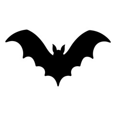 Black silhouette of a bat flying with wings spread on white backdrop