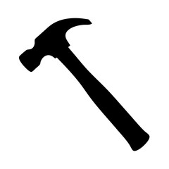 A simple black silhouette illustration of a claw hammer on white background