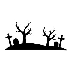 Simple black and white Halloween graveyard scene with spooky trees and tombstones