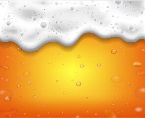Realistic golden c beer background with floating foam and bubbles. White foam texture on yellow cool beverage. Oktoberfest banner